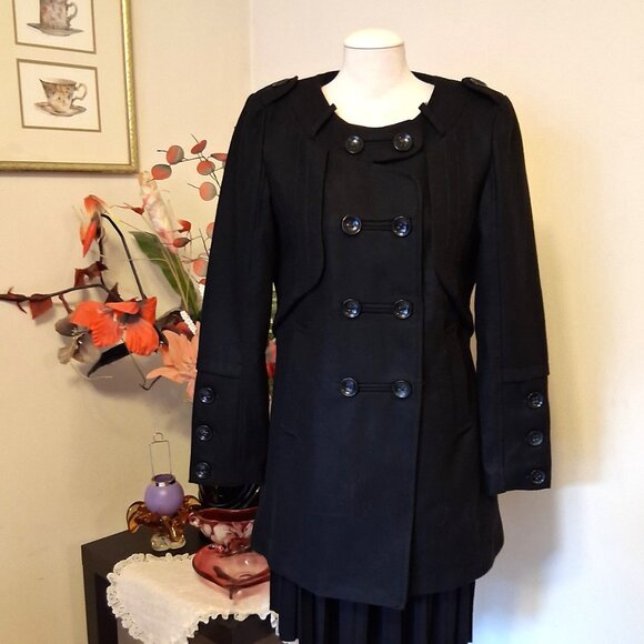 NWT 2 Two Women's Black Double Breasted Wool Blend Lined Winter Pea Coat - Picture 2 of 15